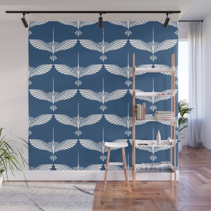 Japanese Crane Ornate Art Deco Blue & White Pattern Wall Mural Gallery Image 1