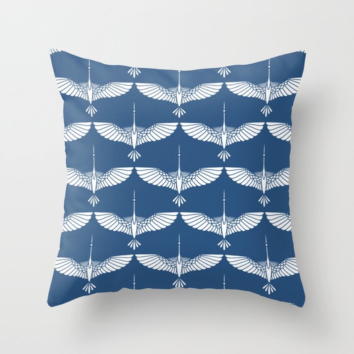 Japanese Crane Ornate Art Deco Blue & White Pattern Throw Pillow Gallery Image 6