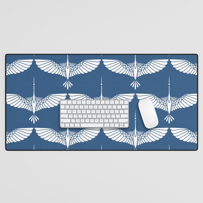 Japanese Crane Ornate Art Deco Blue & White Pattern Desk Mat Gallery Image 1