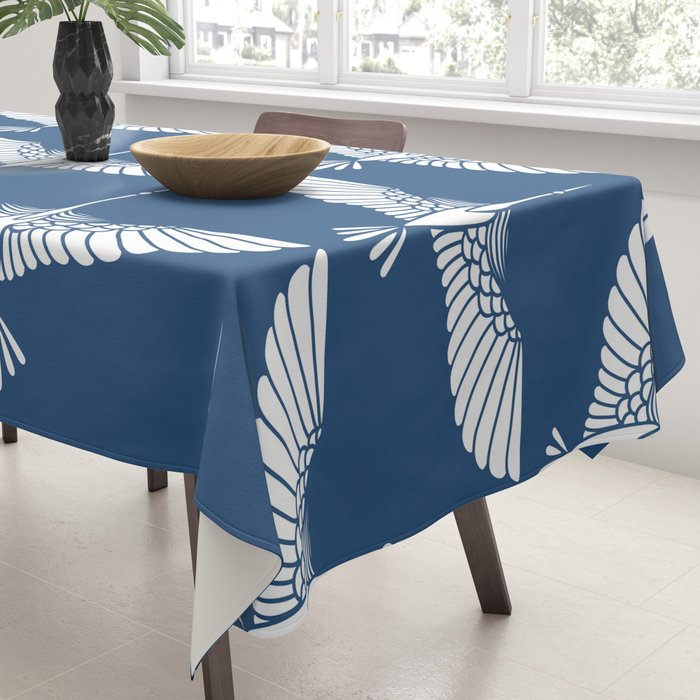 Japanese Crane Ornate Art Deco Blue & White Pattern Tablecloth Gallery Image 3