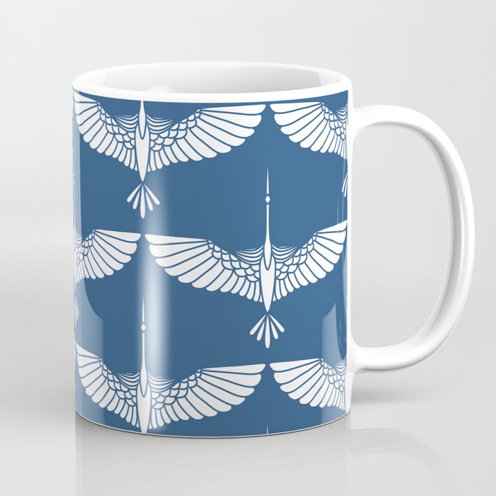 Japanese Crane Ornate Art Deco Blue & White Pattern Coffee Mug Gallery Image 1