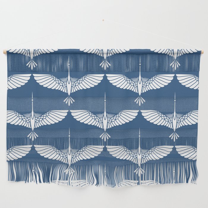 Japanese Crane Ornate Art Deco Blue & White Pattern Wall Hanging Gallery Image 1