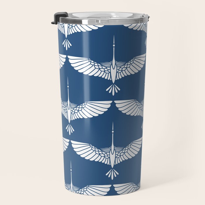 Japanese Crane Ornate Art Deco Blue & White Pattern Travel Mug Gallery Image 3