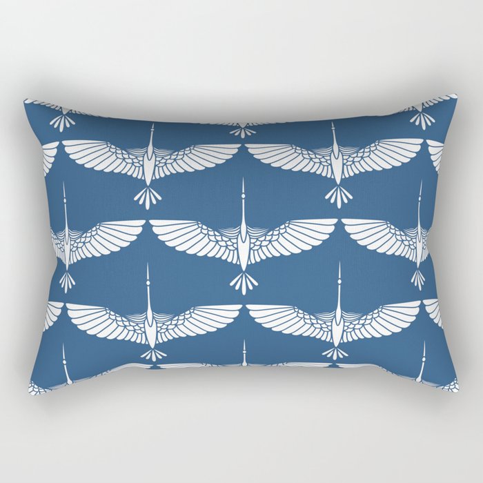 Japanese Crane Ornate Art Deco Blue & White Pattern Rectangular Pillow Gallery Image 1