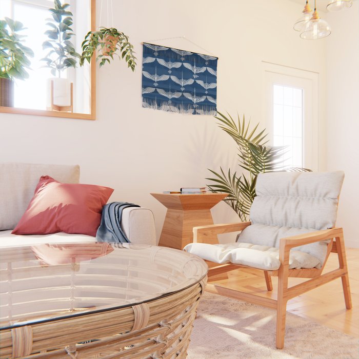 Japanese Crane Ornate Art Deco Blue & White Pattern Wall Hanging Gallery Image 2