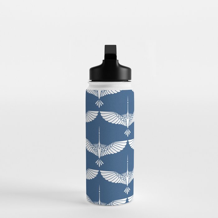 Japanese Crane Ornate Art Deco Blue & White Pattern Water Bottle Gallery Image 3