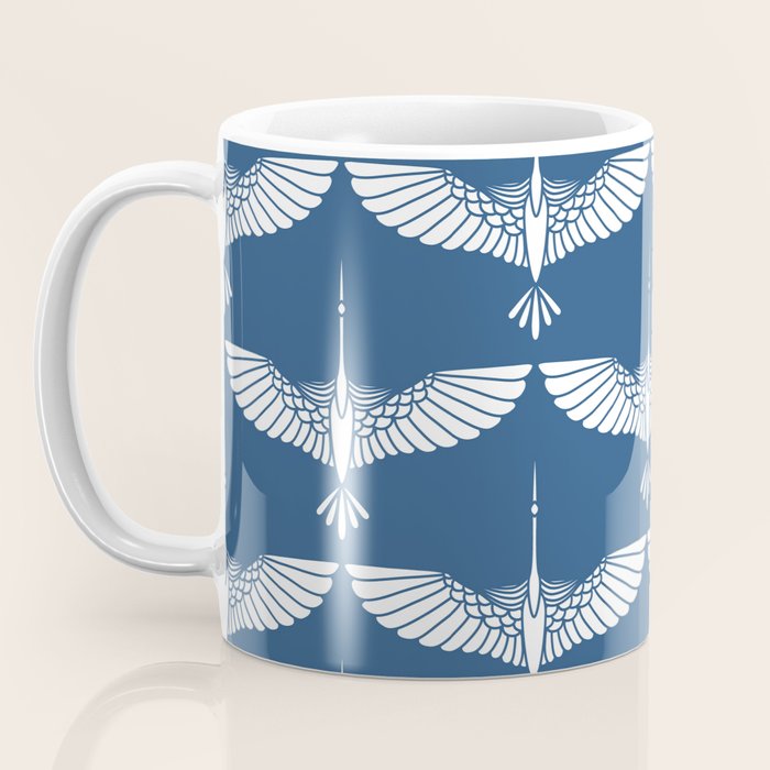 Japanese Crane Ornate Art Deco Blue & White Pattern Coffee Mug Gallery Image 3