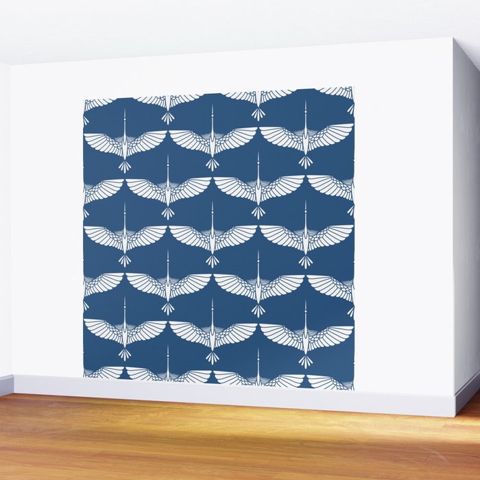 Japanese Crane Ornate Art Deco Blue & White Pattern Wall Mural Gallery Image 2