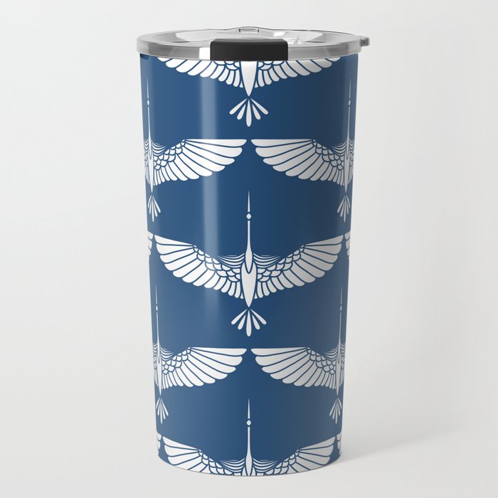 Japanese Crane Ornate Art Deco Blue & White Pattern Travel Mug Gallery Image 1