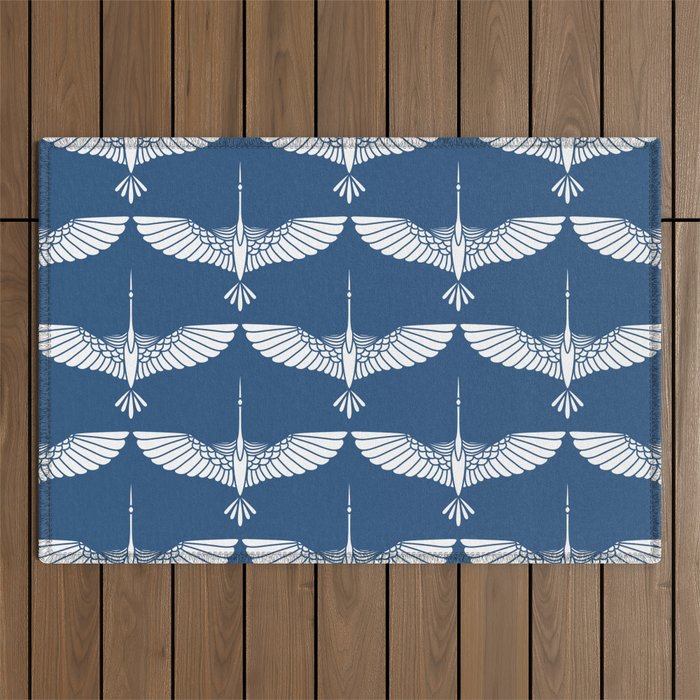 Japanese Crane Ornate Art Deco Blue & White Pattern Outdoor Rug Gallery Image 1