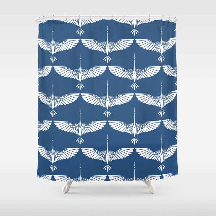 Japanese Crane Ornate Art Deco Blue & White Pattern Shower Curtain Gallery Image 1