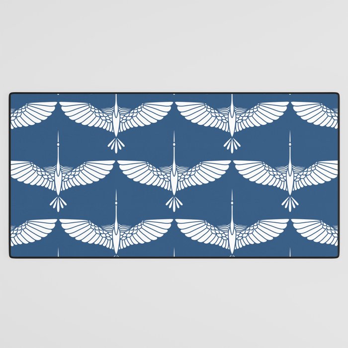 Japanese Crane Ornate Art Deco Blue & White Pattern Desk Mat Gallery Image 3