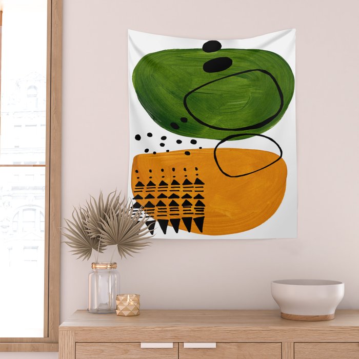 Modern Mid Century Fun Colorful Abstract Minimalist Painting Olive Green Yellow Ochre Buns Wall Tapestry Gallery Image 2