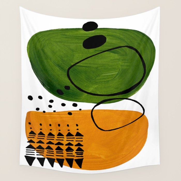 Modern Mid Century Fun Colorful Abstract Minimalist Painting Olive Green Yellow Ochre Buns Wall Tapestry Gallery Image 1