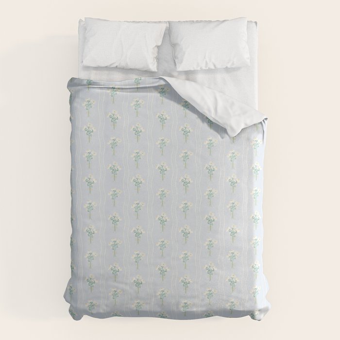 Delicate floral bouquets with vertical stripes - white jade green blue pattern Duvet Cover Gallery Image 1