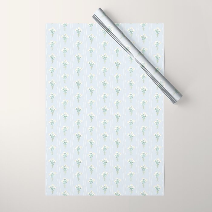 Delicate floral bouquets with vertical stripes - white jade green blue pattern Wrapping Paper Gallery Image 1