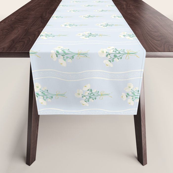 Delicate floral bouquets with vertical stripes - white jade green blue pattern Table Runner Gallery Image 1
