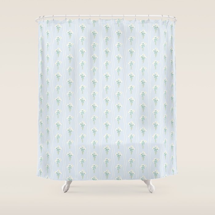Delicate floral bouquets with vertical stripes - white jade green blue pattern Shower Curtain Gallery Image 1