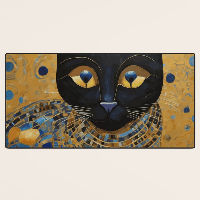 Klimt Black Cat Wearing Geometric Blue and Gold Desk Mat Gallery Image 3