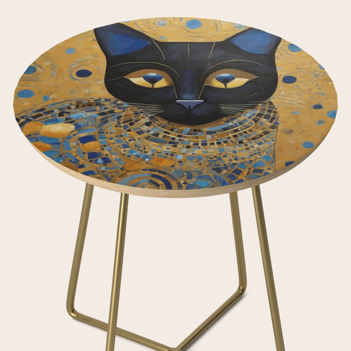 Klimt Black Cat Wearing Geometric Blue and Gold Side Table Gallery Image 2