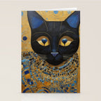 Klimt Black Cat Wearing Geometric Blue and Gold Stationery Card Gallery Image 2
