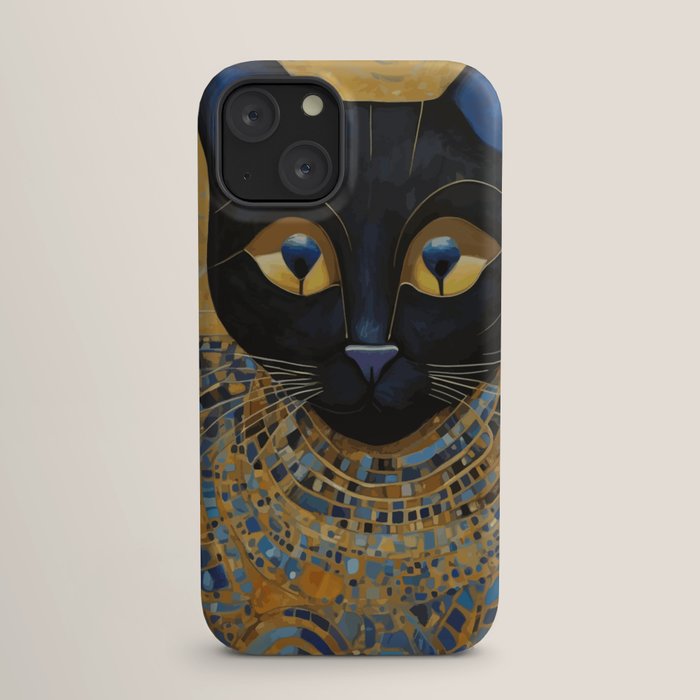 Klimt Black Cat Wearing Geometric Blue and Gold iPhone Case Gallery Image 17