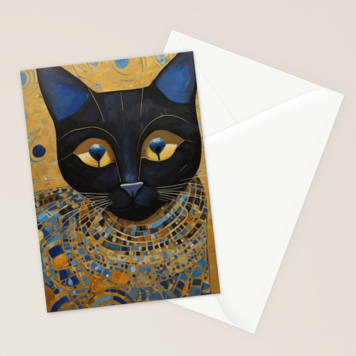 Klimt Black Cat Wearing Geometric Blue and Gold Stationery Card Gallery Image 2
