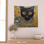 Klimt Black Cat Wearing Geometric Blue and Gold Wall Tapestry Gallery Image 2