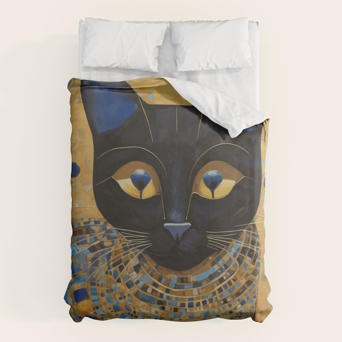 Klimt Black Cat Wearing Geometric Blue and Gold Duvet Cover Gallery Image 1