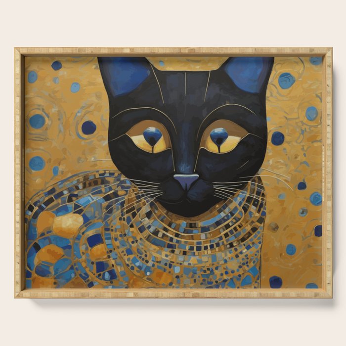 Klimt Black Cat Wearing Geometric Blue and Gold Serving Tray Gallery Image 1