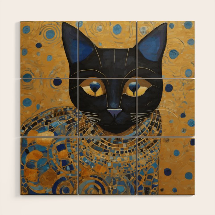 Klimt Black Cat Wearing Geometric Blue and Gold Wood Wall Art Gallery Image 1