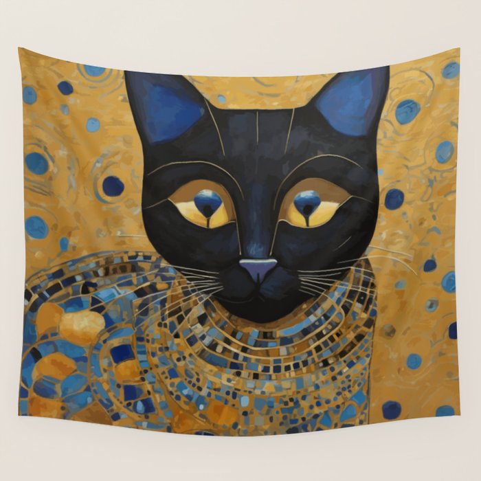 Klimt Black Cat Wearing Geometric Blue and Gold Wall Tapestry Gallery Image 1