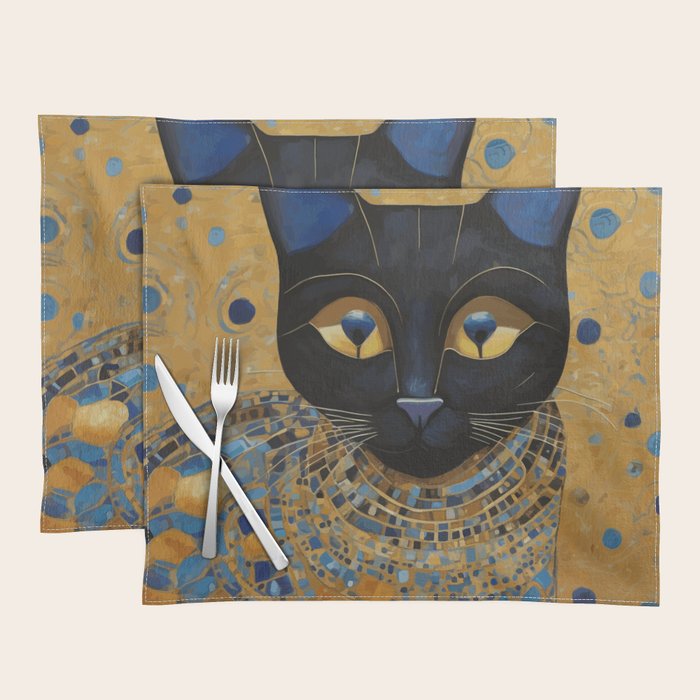 Klimt Black Cat Wearing Geometric Blue and Gold Placemat Gallery Image 1