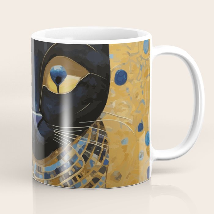 Klimt Black Cat Wearing Geometric Blue and Gold Coffee Mug Gallery Image 1