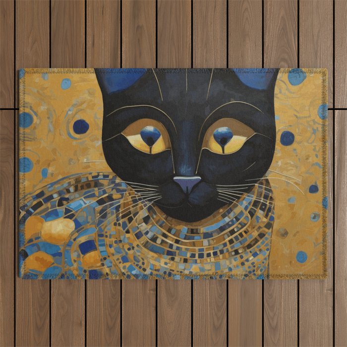 Klimt Black Cat Wearing Geometric Blue and Gold Outdoor Rug Gallery Image 1