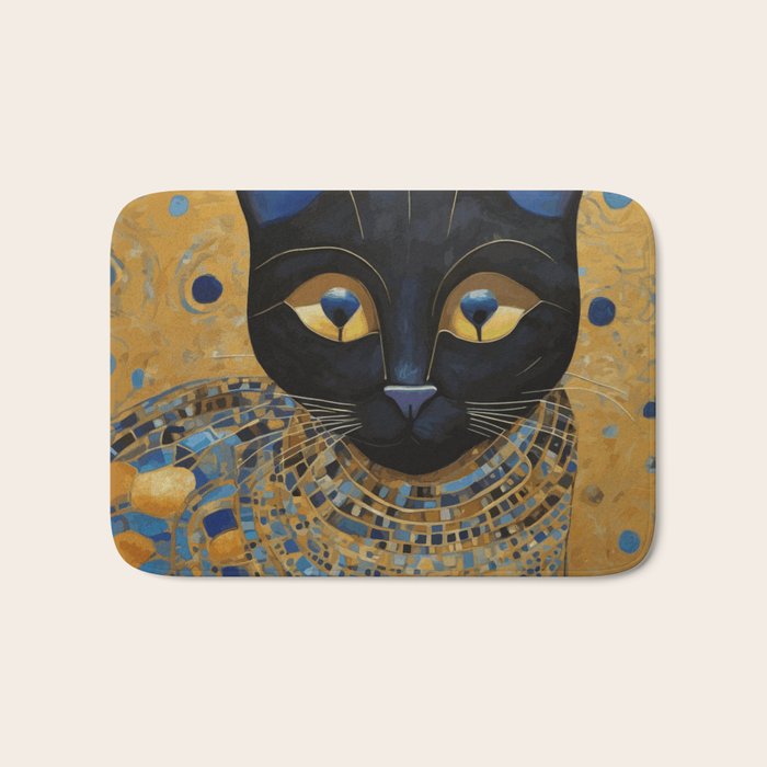 Klimt Black Cat Wearing Geometric Blue and Gold Bath Mat Gallery Image 1