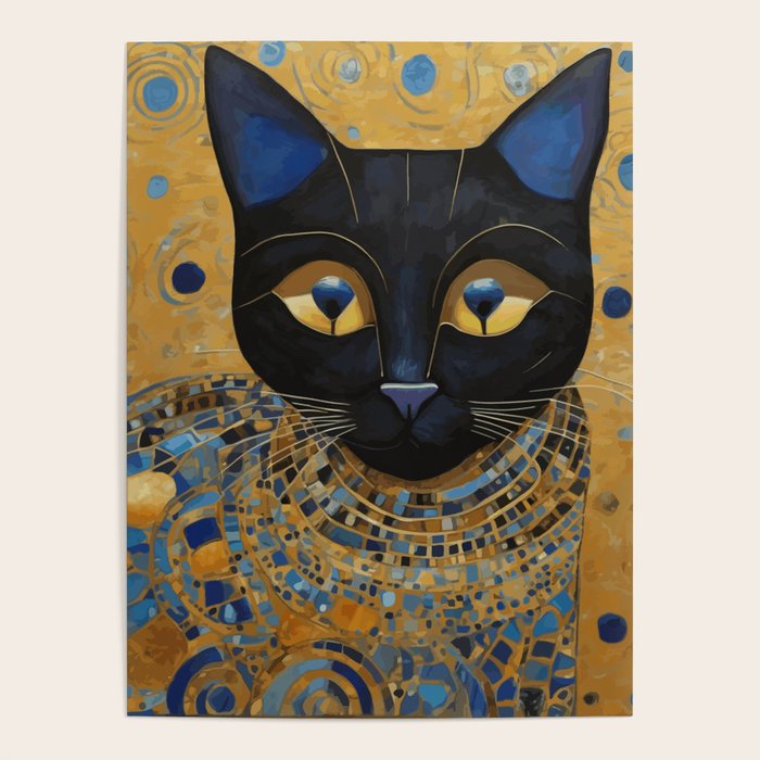 Klimt Black Cat Wearing Geometric Blue and Gold Poster Gallery Image 1