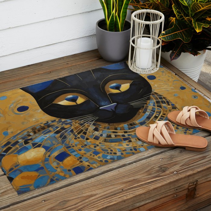 Klimt Black Cat Wearing Geometric Blue and Gold Outdoor Rug Gallery Image 2