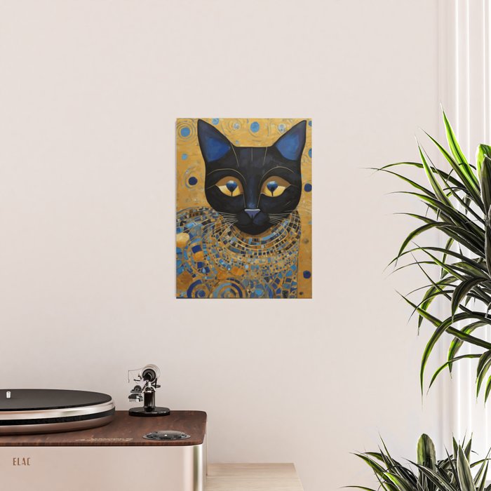Klimt Black Cat Wearing Geometric Blue and Gold Poster Gallery Image 2