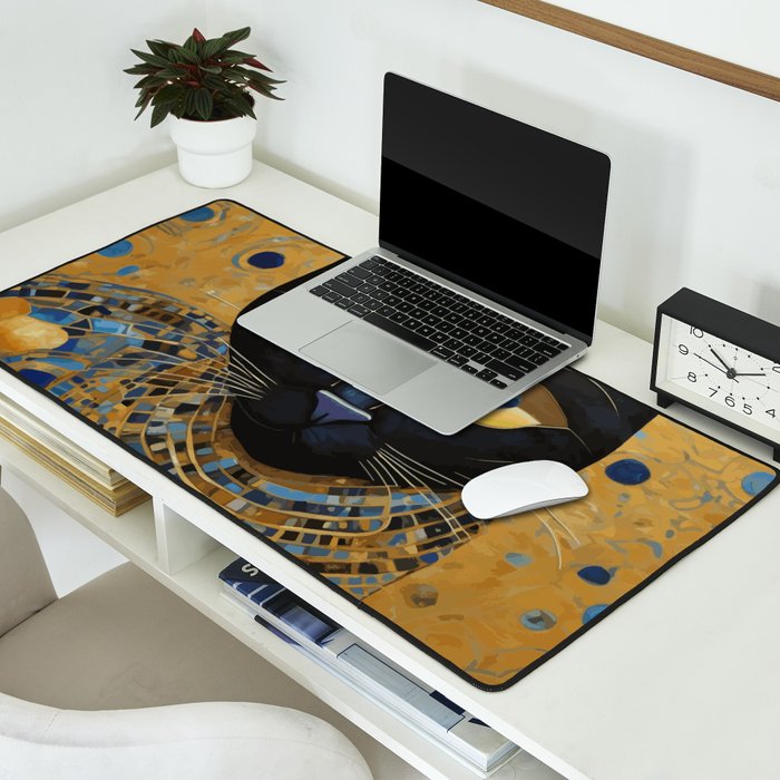 Klimt Black Cat Wearing Geometric Blue and Gold Desk Mat Gallery Image 2