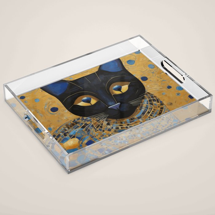 Klimt Black Cat Wearing Geometric Blue and Gold Acrylic Tray Gallery Image 1