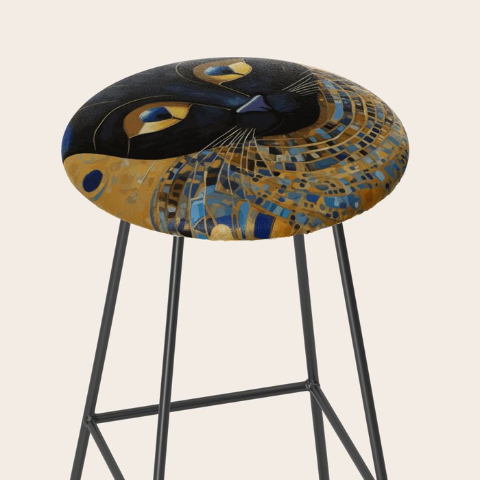 Klimt Black Cat Wearing Geometric Blue and Gold Stool Gallery Image 2