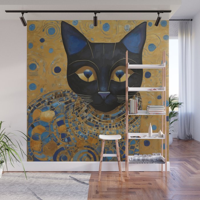 Klimt Black Cat Wearing Geometric Blue and Gold Wall Mural Gallery Image 1
