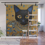 Klimt Black Cat Wearing Geometric Blue and Gold Wall Mural Gallery Image 1