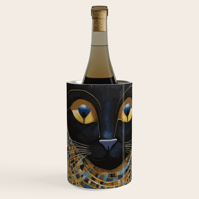 Klimt Black Cat Wearing Geometric Blue and Gold Wine Chiller Gallery Image 1