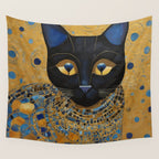 Klimt Black Cat Wearing Geometric Blue and Gold Wall Tapestry Gallery Image 4