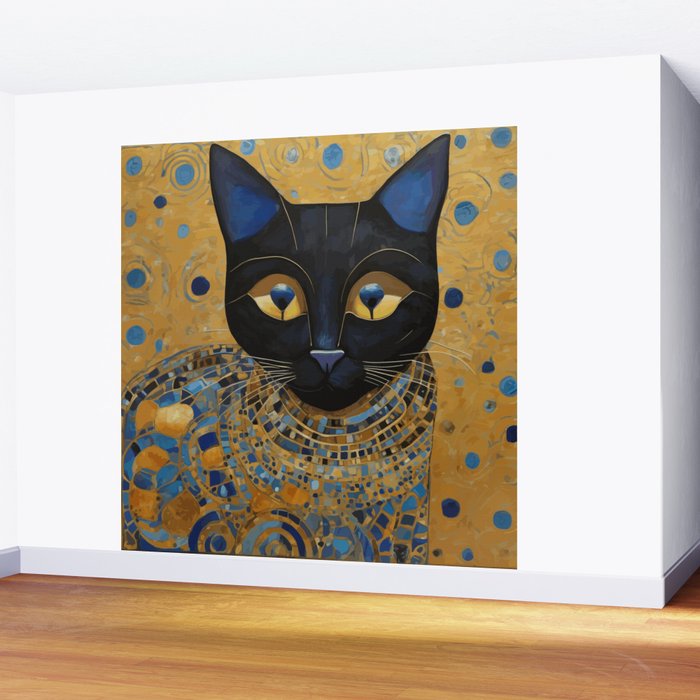 Klimt Black Cat Wearing Geometric Blue and Gold Wall Mural Gallery Image 2