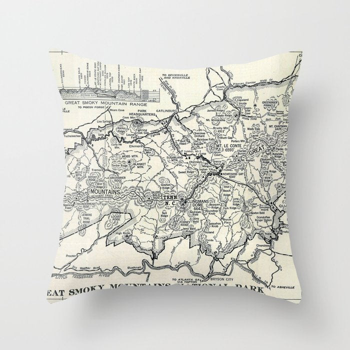 Historical Great Smoky Mountain National Park Map 1941 Throw Pillow Gallery Image 6