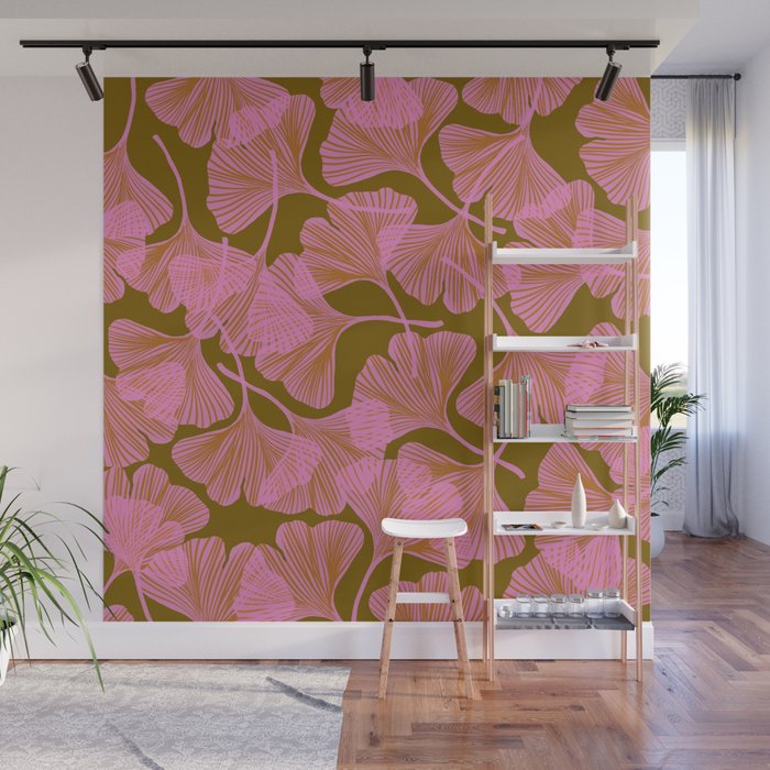 Pink Ginkgo Leaf Pattern Wall Mural Gallery Image 1