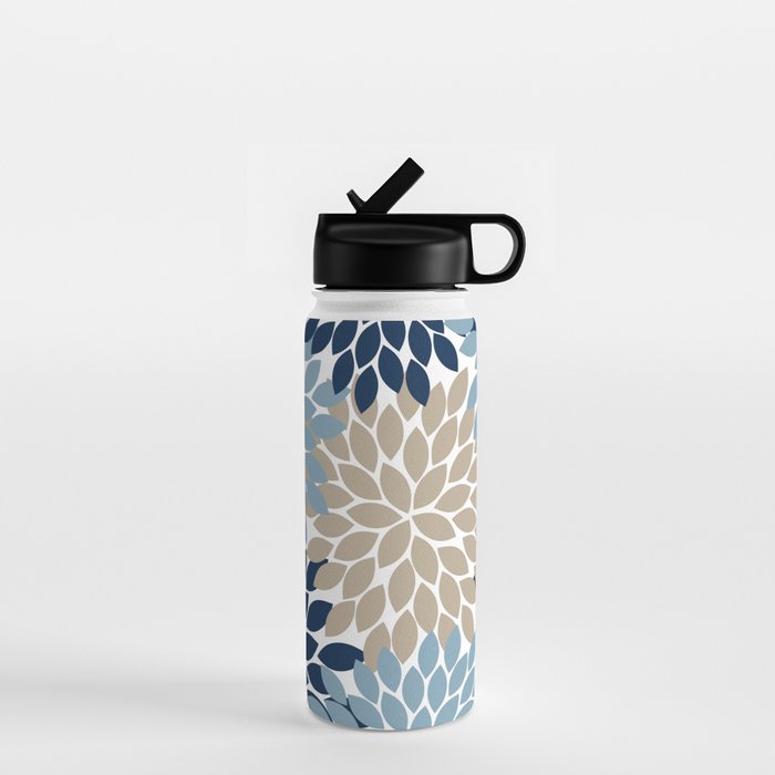 Navy Blue Tan Beige Flower Burst, Flower Petals, Floral Pattern Water Bottle Gallery Image 1